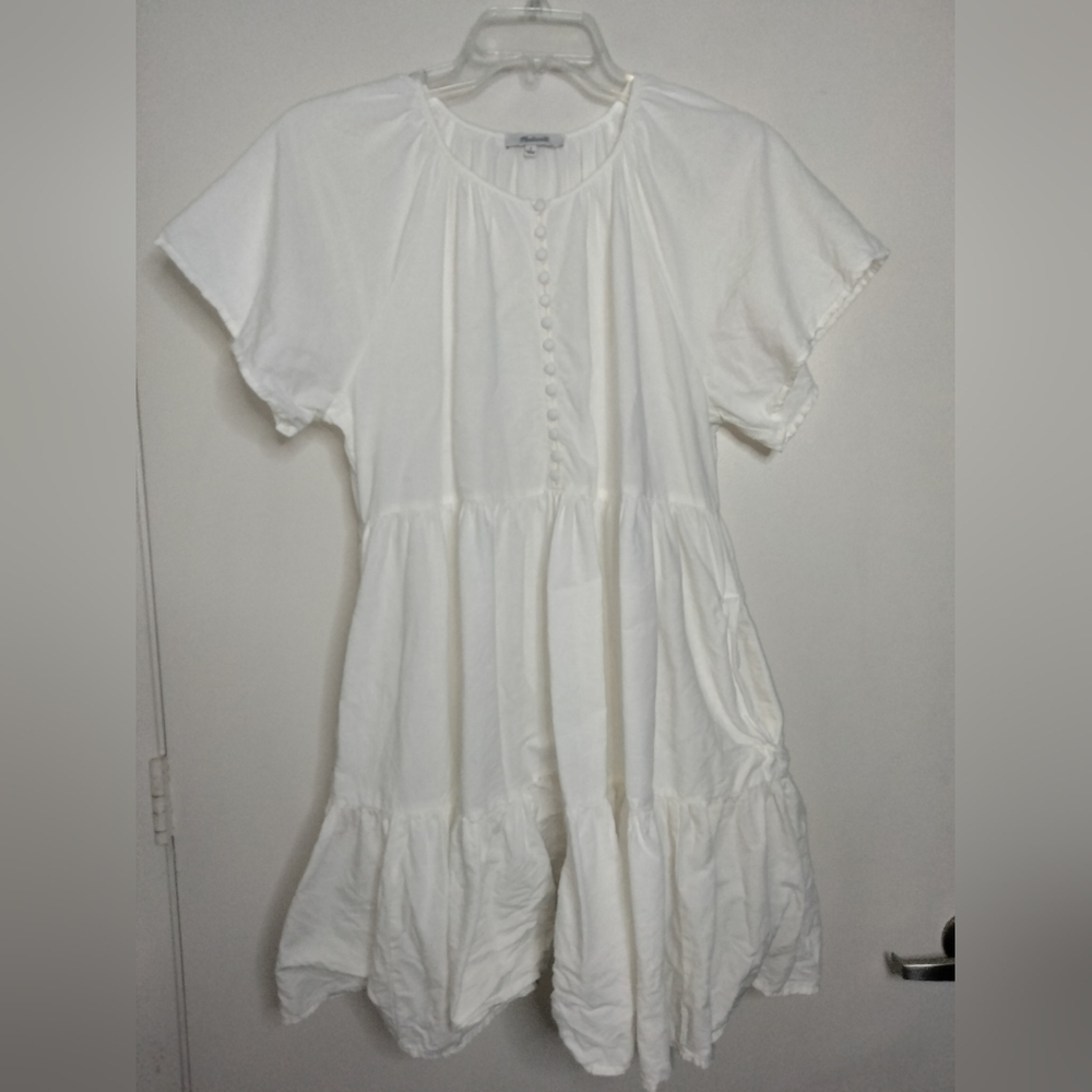 Madewell (Size L) Cream White Linen Blend SS Half Button Down Tiered Shift Dress